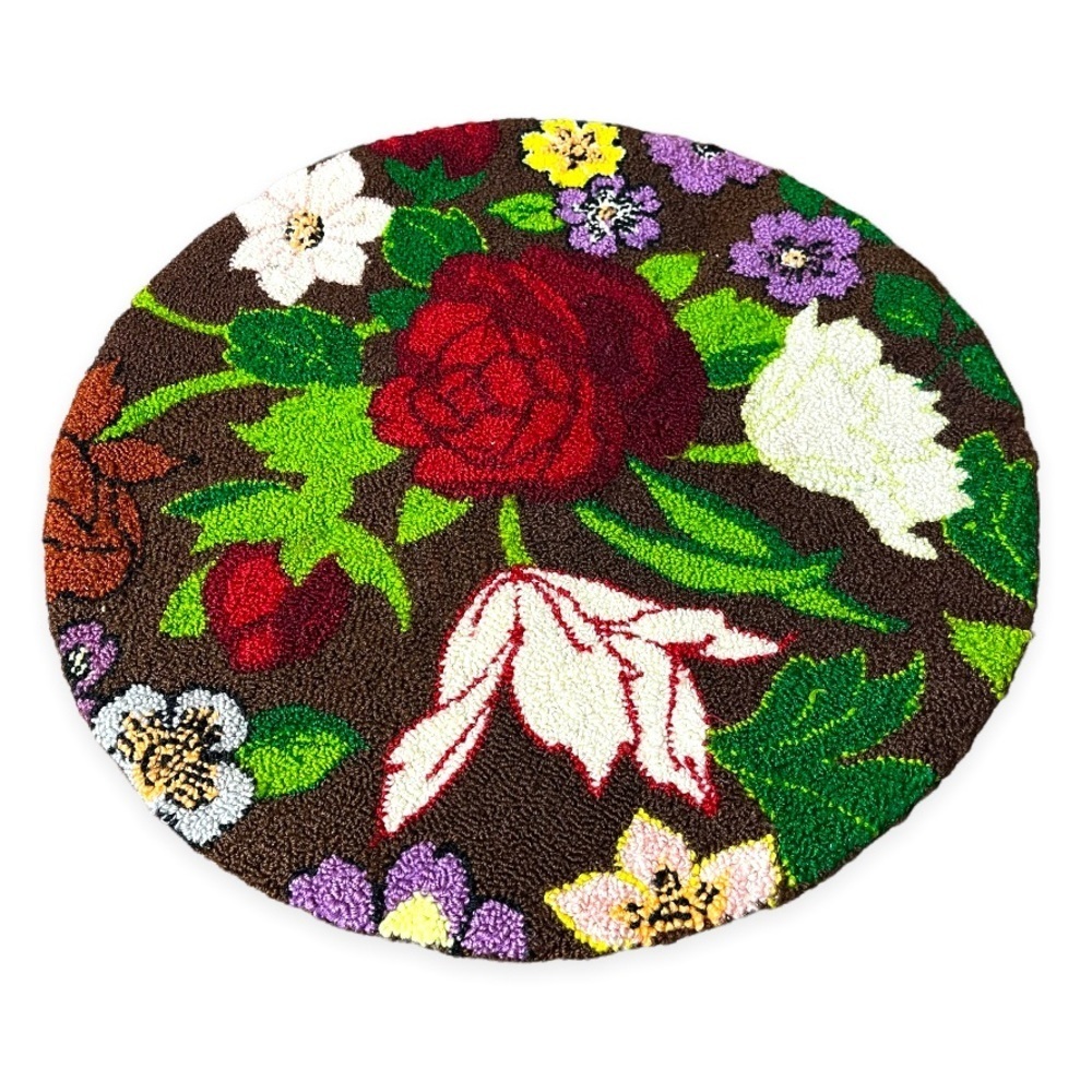 Vintage Handmade 16” Round Plush Latch‎ Hook Rug with Flowers Cottagecore Roses